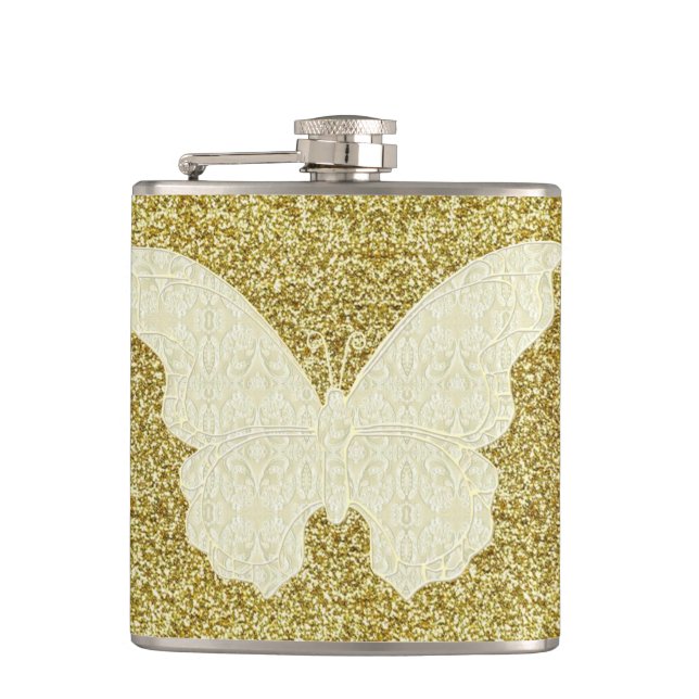 Cantil Borboleta De rendas no Dourado Flask Glitter (Frente)