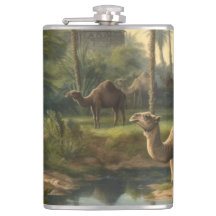 Botânica: dromedários na selva perto de um rio