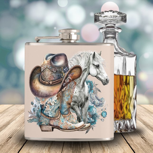 Cantil Botas de cowboy de cowboy de cowboy de cowboy que  (Western cowgirl floral cowboy boots, hat, turquoise and brown personalized flask.)