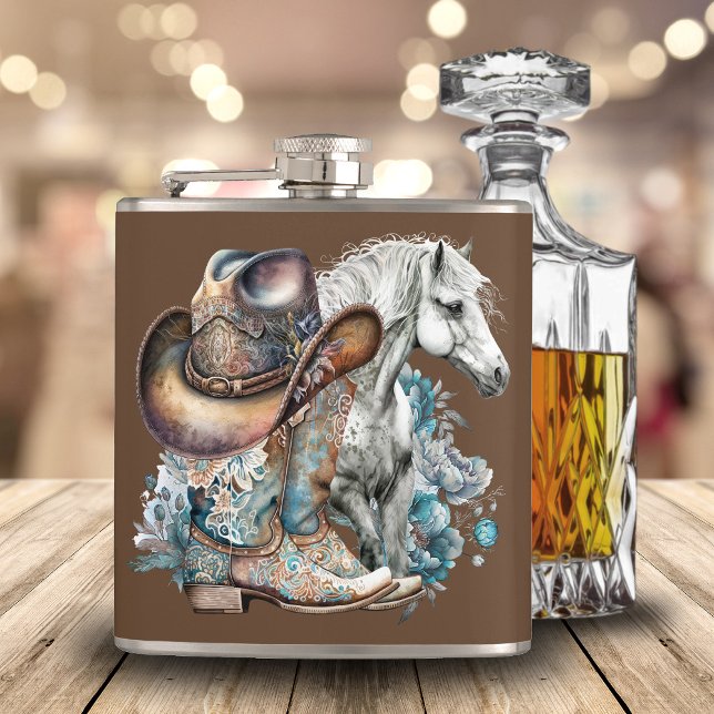 Cantil Botas de cowboy de cowboy de cowboy de cowboy que  (Western cowgirl floral cowboy boots, hat, turquoise and brown personalized flask.)