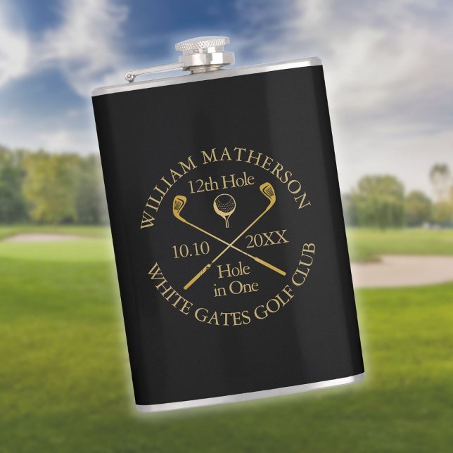 Cantil Buraco de Golfe Personalizado em Preto e Dourado (Personalized Golf Hole in One Black And Gold Flask)