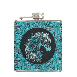 Cantil Cabeça de cavalo de couro floral de cor azul