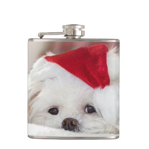 Cantil Cachorro Branco Fofo com um Chapéu de Natal Vermel