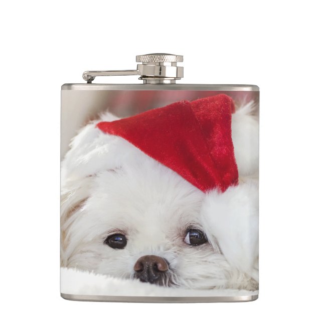 Cantil Cachorro Branco Fofo com um Chapéu de Natal Vermel (Frente)