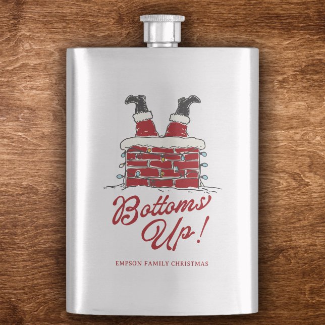 Cantil Calças de Papai Noel engraçadas para festa de Nata (Stainless steel flask with a Santa chimney motif, light string detail, and bold “Bottoms Up!” script)