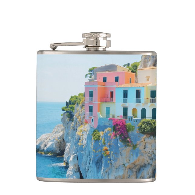 Cantil Casas coloridas num penhasco perto do mar (Frente)