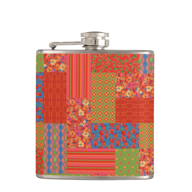 Cantil Chic Scarlet Poppies Faux patchwork Hip Flask (Frente)