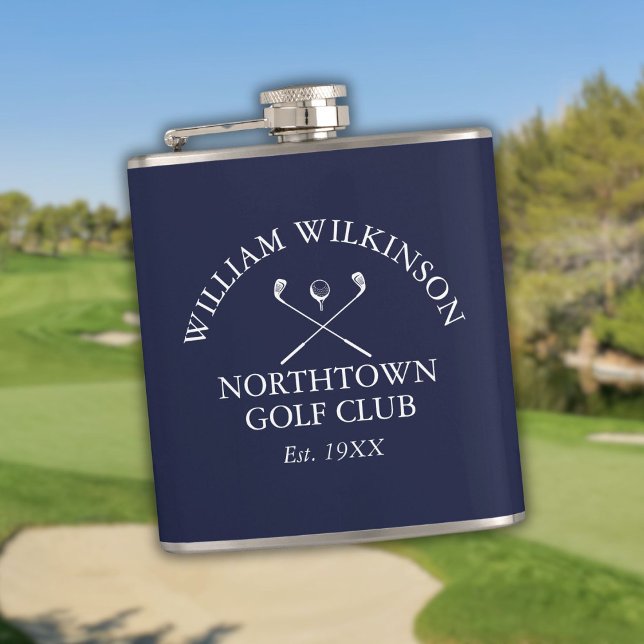 Cantil Clube de Golfe e Nome do Associado Azul-Marinho (Golf Club And Member Name Navy Blue Flask)