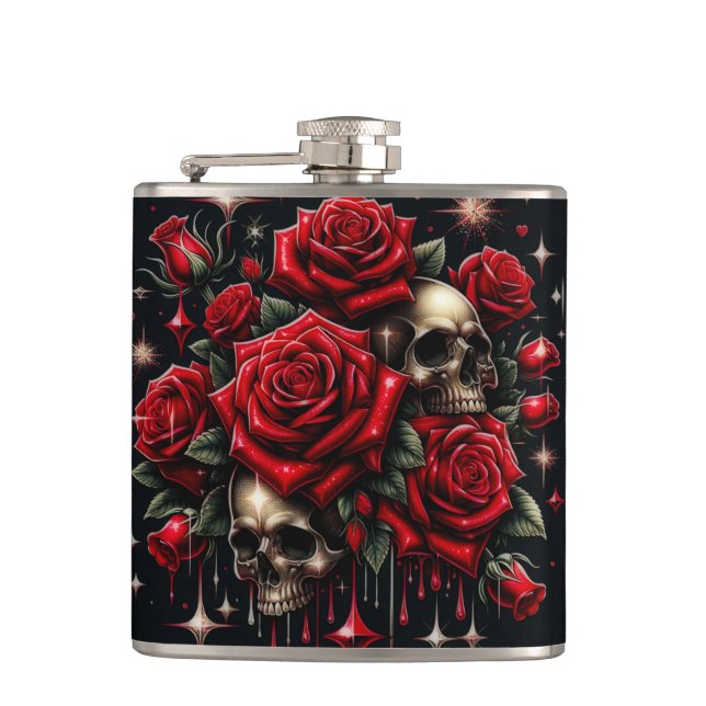 Cantil Crânios Dourados & Rosas Vermelhas Brilham com Gla (Frente)