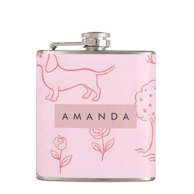 Cantil Dachshund Rosa Personalizado e Flor (Frente)
