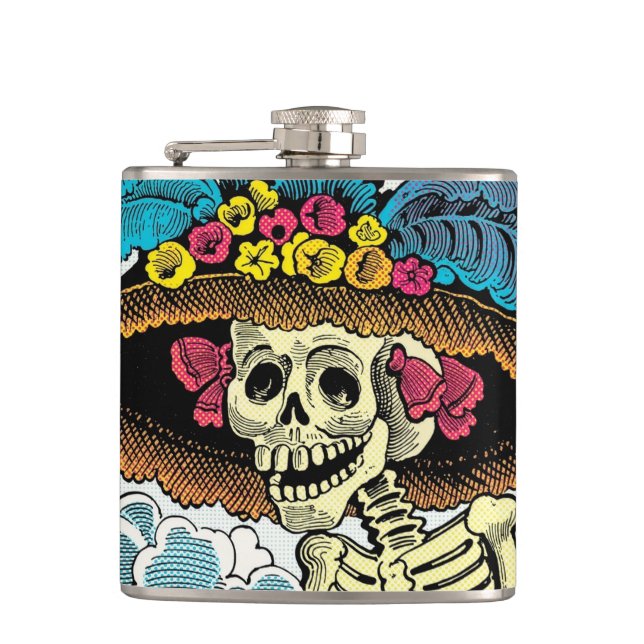 Cantil Dama de Crânio Açucarado com Chapéu Floral Pop Art (Frente)