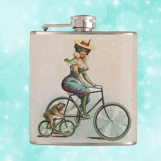 Cantil Dama Vitoriana Antiga Bicicleta de Cachorro (Victorian lady aqua outfit riding bike with bulldog also riding small bicycle on tan drinking flask.)