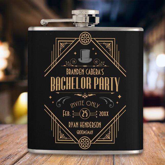 Cantil Despedida de Solteiro | Arte Preto e Dourado Art D (Art Deco 1920s speakeasy flask bachelor party favors for groomsmen and best man black and gold)