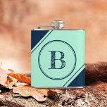 Cantil Diagonal Geometric Initial Monogram Blue Mint<br><div class="desc">This flask features a centered double circle in blue over a mint green background. Personalize the text field with an initial letter or customize using the design tool to select a font color,  size,  and style your prefer.</div>