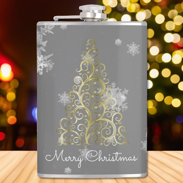 Cantil Dourada árvore de Natal e flocos de neve (Gold Christmas Tree and Snowflakes Flask)