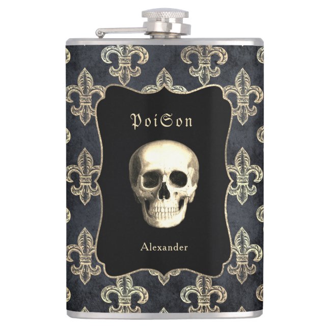 Cantil Dourado Flask Personalizado do Crânio Negro (Frente)