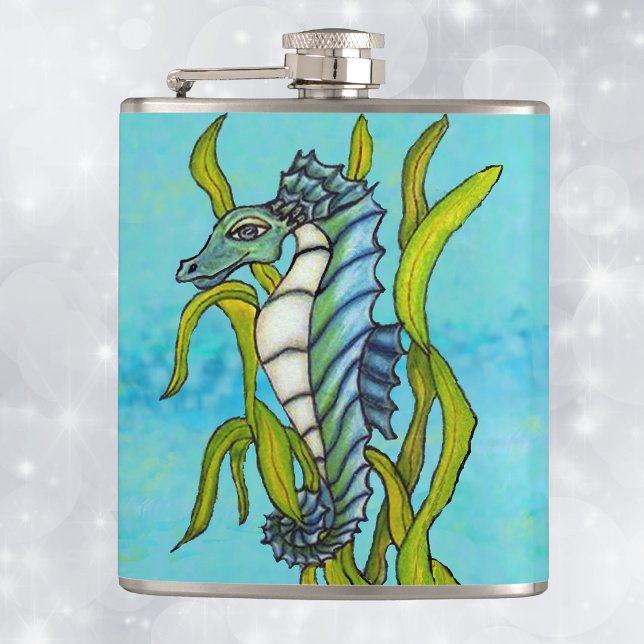 Cantil Dragão Cavalo-Marinho Fantasia Azul do Mar Algas (Fantasy aqua blue and white seahorse in green seaweed on shades of blue drinking flask.)
