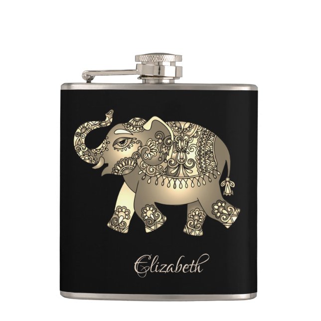 Cantil Elefante Dourado Elegante Floral, Preto-Personaliz (Frente)