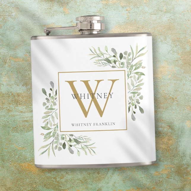 Cantil Elegante Monograma Moderno de Folhagem Dourada (Gold Monogram Elegant Modern Greenery Flask)