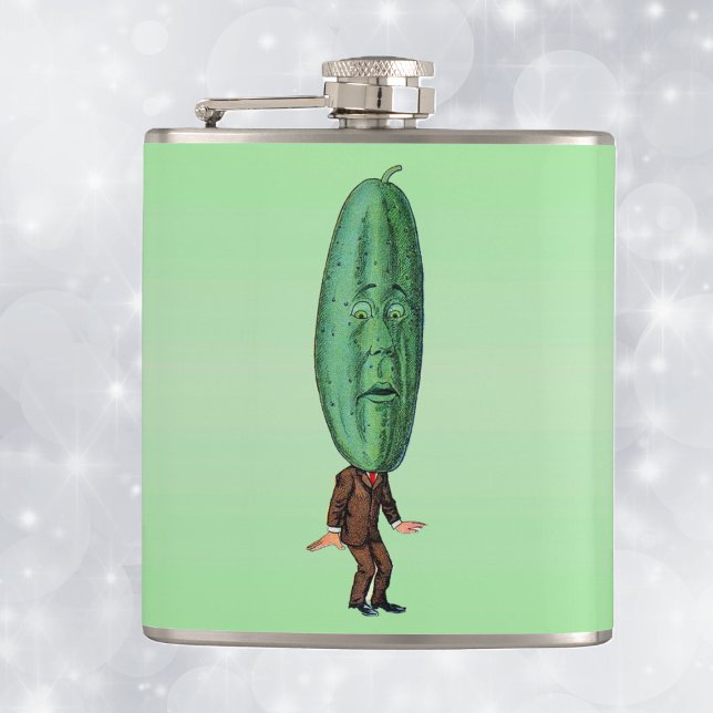 Cantil Fantasy Pickle Man Brown Suit (silly man in brown suit big green pickle head with face on light green drinking flask.)