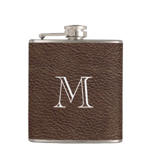 Cantil Faux Brown Leather Monogramas Flask De Aço Inoxid