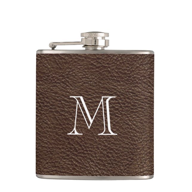 Cantil Faux Brown Leather Monogramas Flask De Aço Inoxidá (Frente)