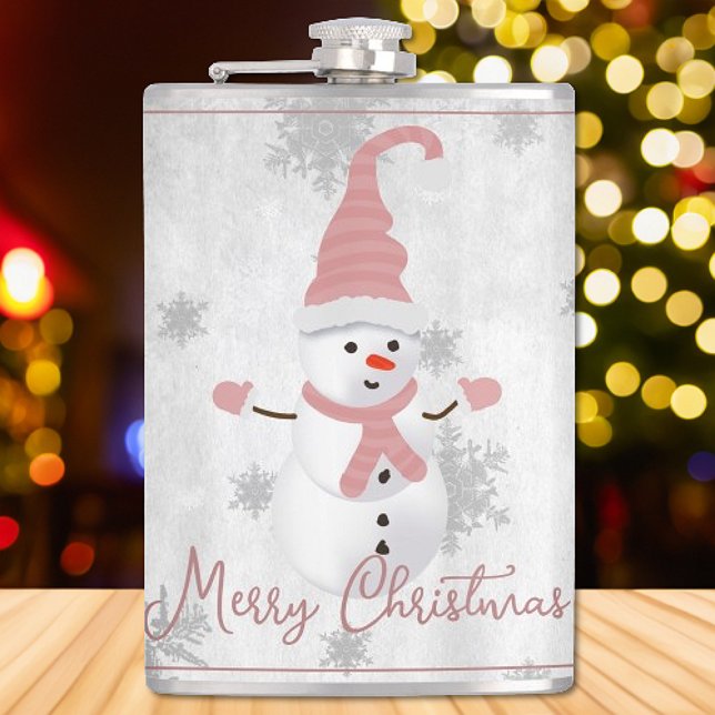 Cantil Feriado de Neve, Cor-de-rosa, (Pink Cute Snowman Holiday Flask)