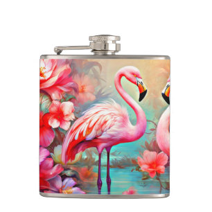 Cantil Flamingos rosa em um lago com flores-20231
