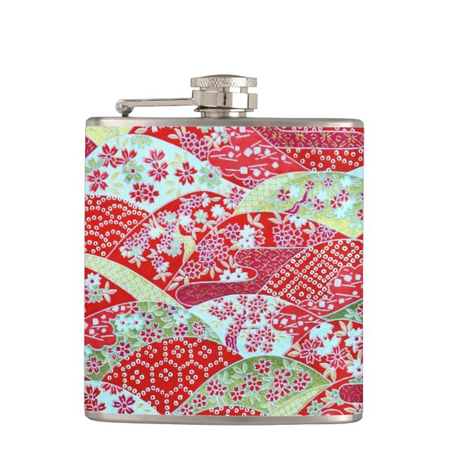 Cantil Flash Red Floral Origami Yuzen Hip Flask (Frente)