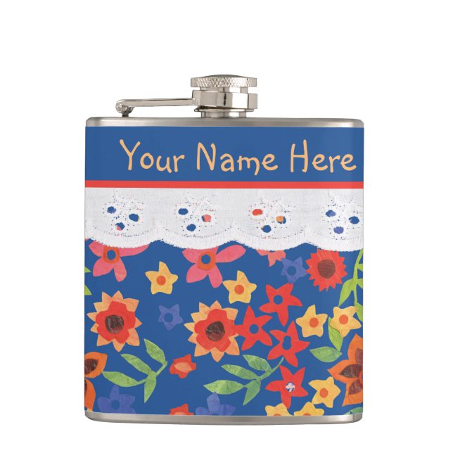 Cantil Floral Personalizado e Lace Falso no Flask Azul (Frente)