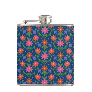 Cantil Flores Chic Rangoli Bolinhas no Blue Hip Flask