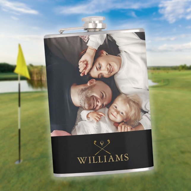 Cantil Fotografias Personalizadas, Pistas De Golfe Pretas (Personalized Photo Black And Gold Golf Clubs Flask)