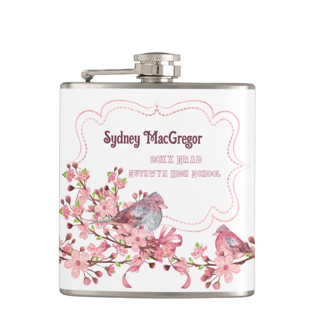 Cantil Frasco Branco com Flores de Maçã e Pássaros ao Red (Frente)