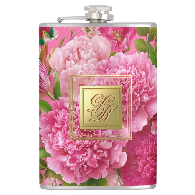 Cantil Frasco de festa com monograma floral rosa e verde  (Frente)