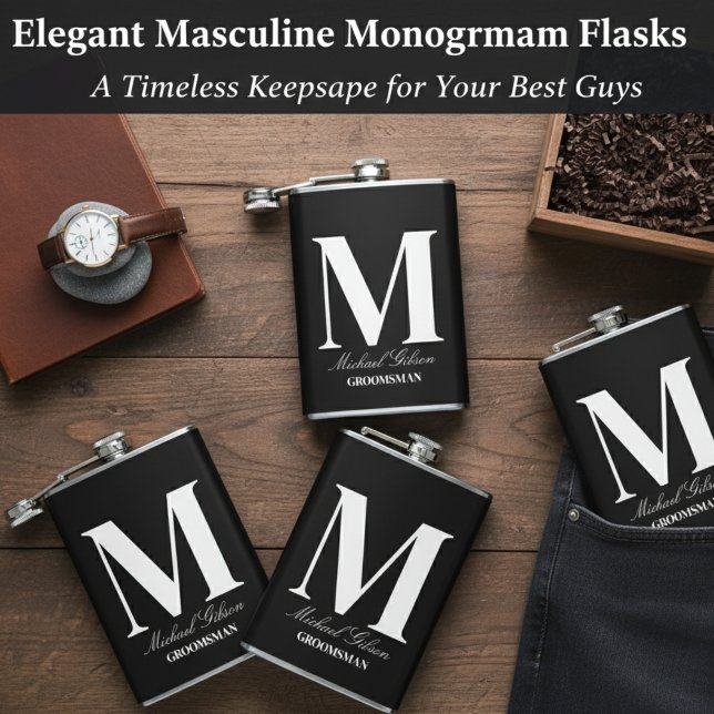 Cantil Frasco de Monograma Elegante - Garrafa Personaliza (Elegant Monogram Flask - Personalized Groomsmen Gift)