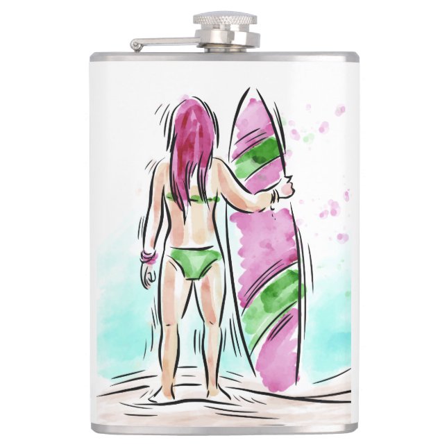 Cantil Frasco de nome personalizado da Surfer Girl (Frente)