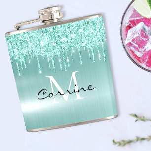 Cantil Frasco Personalizado da Glitter Azul Aqua Monogram