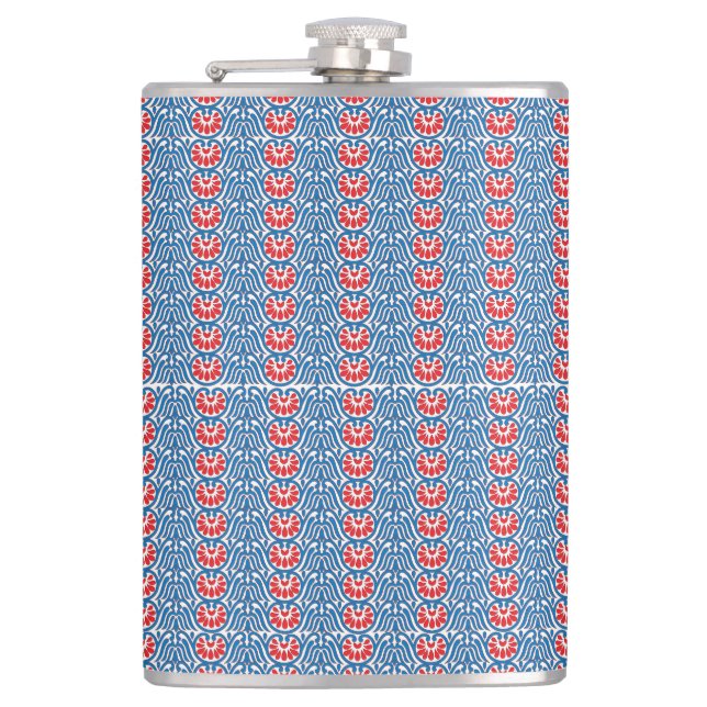 Cantil fundo azul com designs vermelhos e brancos (Frente)