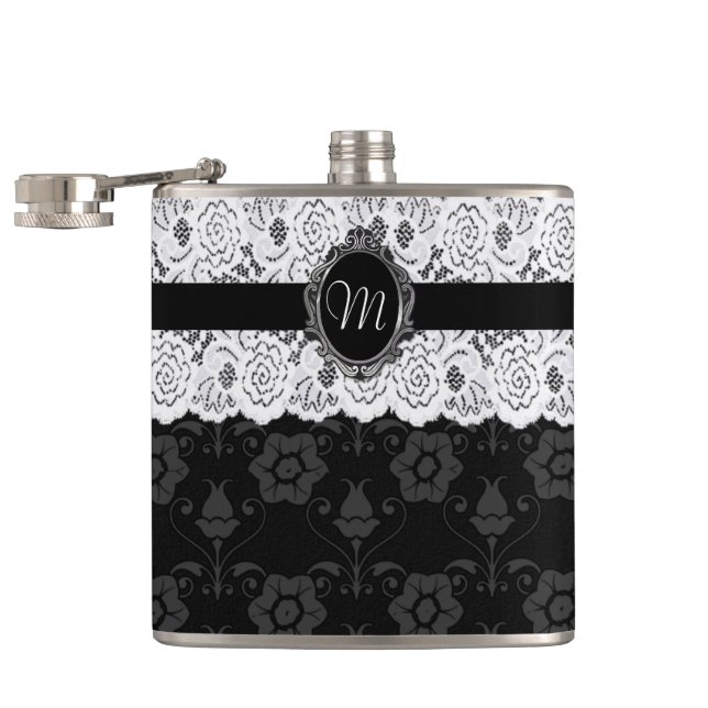 Cantil Garrafa Chic Monograma Preto e Branco com Renda (Aberto)