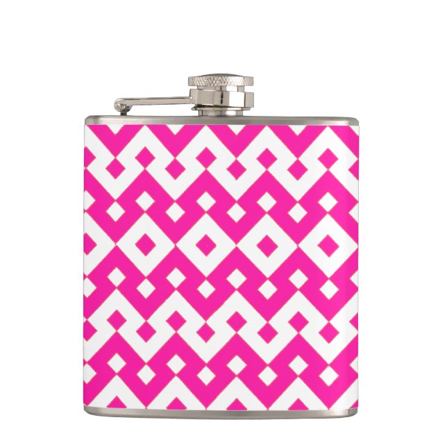 Cantil Girlie Candy Pink e White Geométrico Hip Flask (Frente)