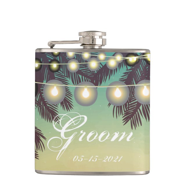 Cantil Groom Whiskey Flask Beach Sunset Palm String (Frente)