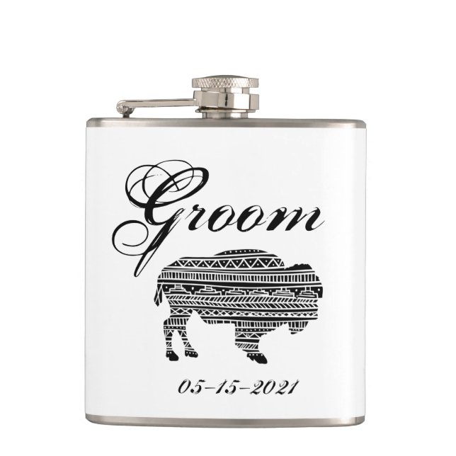 Cantil Groom Whiskey Flask Boho Buffalo - Padrão Tribal B (Frente)