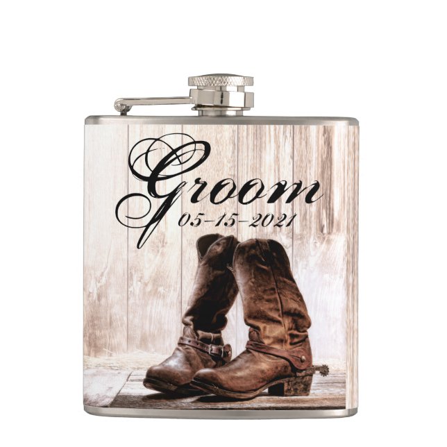 Cantil Groom Whiskey Flask botas no campo rustic oeste (Frente)