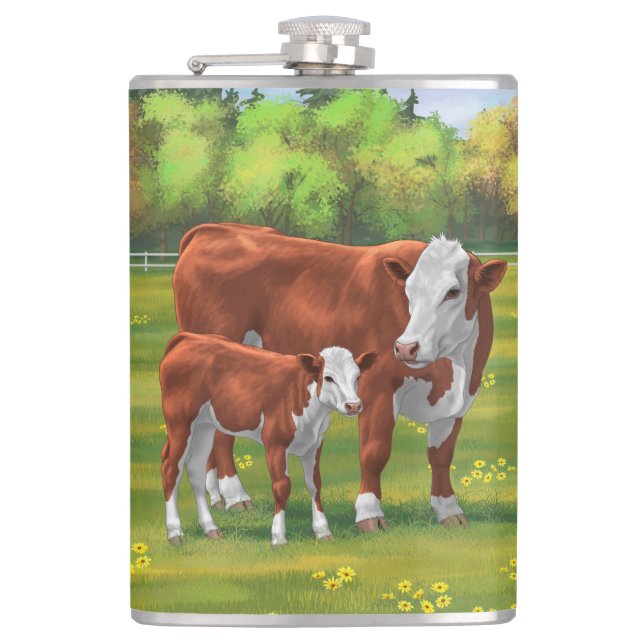 Cantil Hereford Cow & Cute Calf na Pastagem de Verão (Frente)
