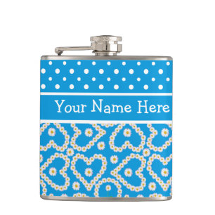 Cantil Hip Flask to Personalize: Polkas Daisy Chains Blue