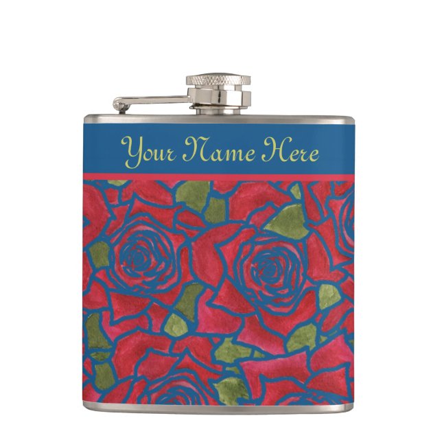 Cantil Hip Flask to Personalize: Rosa vermelha no Marinho (Frente)