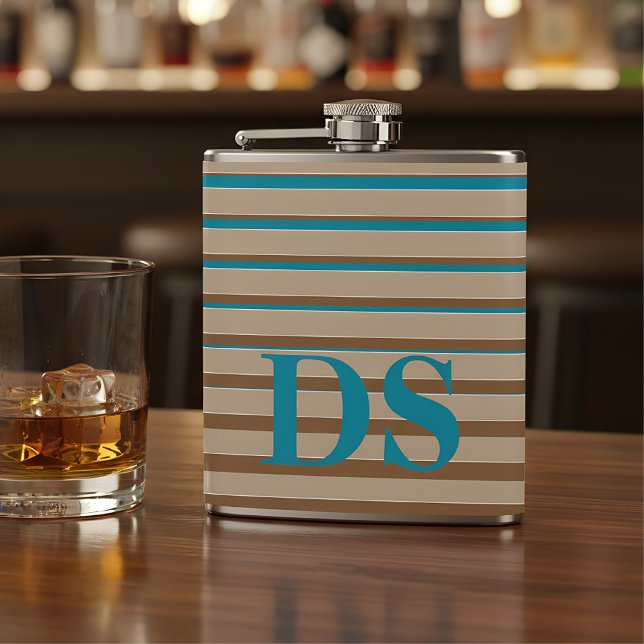 Cantil Horizontal Stripes Castanho e Monograma Azul (flask with monogram)
