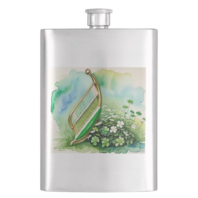 Cantil Inglês Elegante Harp & Shamrock Hip Flask - Celta  (Frente)