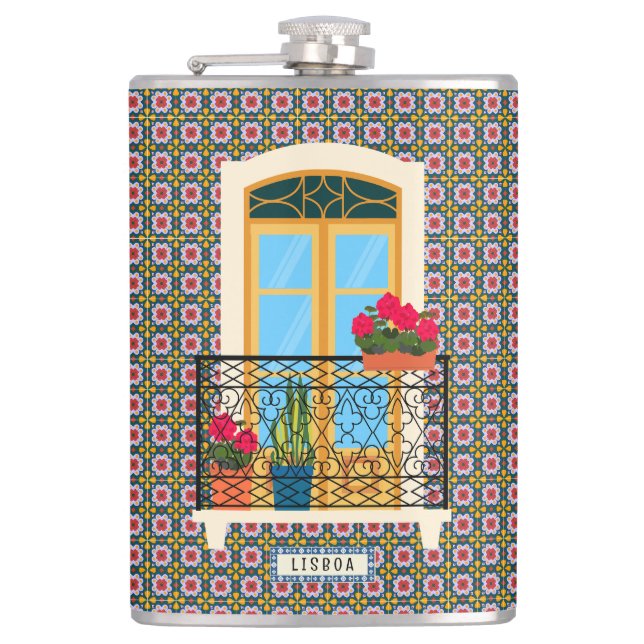 Cantil Janela da casa de Lisboa com plantas e azulejos (Frente)