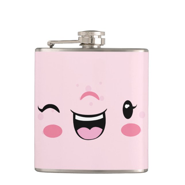 Cantil Kawaii Face Flask Rosa Winking (Frente)